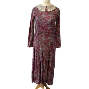Laura Ashley Vintage 1980s Purple Floral Lace Collar Dress UK 10 Long Sleeve - Picture 1 of 7