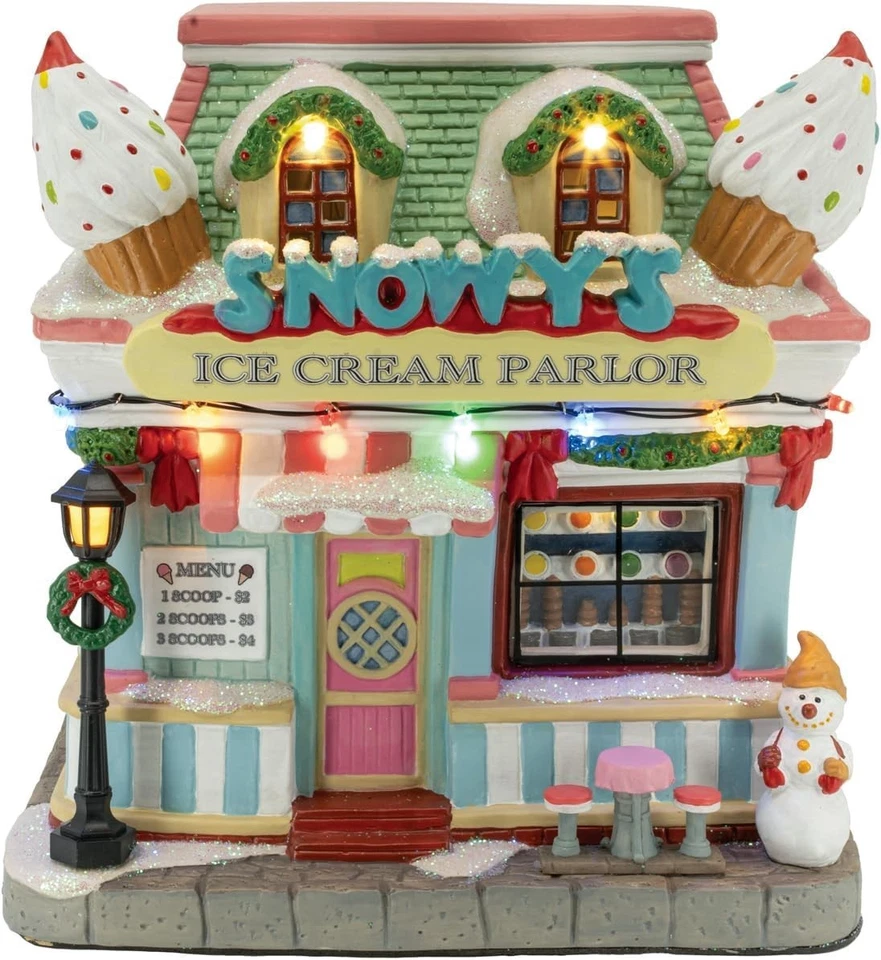 FG SQUARE Snowy's Ice Cream Parlor Porcelain Christmas Village with LED Lights