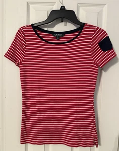 Lauren Ralph Lauren rot weiß gestreift marineblauer Besatz Tasche SS Hemd Damen Medium - Bild 1 von 5