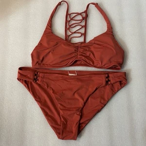 ROXY Bikini Pop Surf 2 Piece Swimsuit Hawaiian Mid-Waist Full Bottom Sz Large - Picture 1 of 7