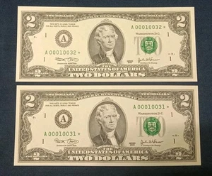 2003 $2 Dollar Bill Star Note,(A) Boston Massachusetts 2 Consecutive Note Bills - Picture 1 of 2
