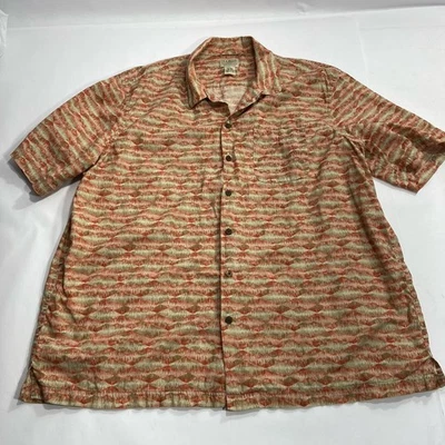 LL Bean Mens XL Hawaiian Print Camp Shirt Orange Red Button Front Short Sleeve - Image 1 of 4