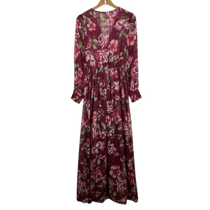 PinkBlush Maternity Chiffon V-Neck Burgundy Floral Maxi Dress Sz M Flowy Boho - Picture 1 of 12