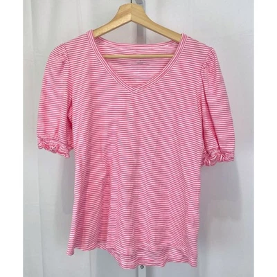 TALBOTS Striped Puff Short Sleeve Top V Neck Cotton Modal Knit Pink Size S - Image 1 of 4