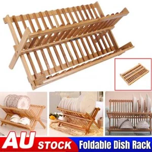 Bamboo Wood Dish Drainer Dinner Plates Rack Stand Cutlery Utensil Holder Dryer - Picture 1 of 12