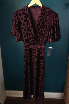 Nuevo con etiquetas Vestido Tommy Hilfiger Para Mujer Borgoña Lunares Terciopelo Manga Campana Talla 14 Foto 1 de 4