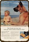 1956 GREAT DANE Dog & Baby at Beach Kodak look VNT RÉPLIQUE DÉCORATIVE PANNEAU MÉTAL
