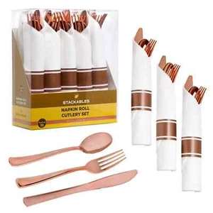 10 x sets - Rose Gold Plastic Cutlery Set - 10 Packs Rolled & Wrapped in Napkin - Picture 1 of 6