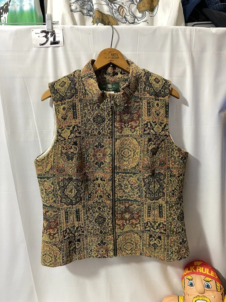 Colete ajustado feminino vintage Orvis grande paisley texturizado jacquard zíper completo - Imagem 1 de 4