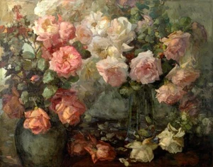 Franz Arthur Bischoff Pink And White Roses In Vases Canvas Print 16 x 20 - Picture 1 of 4
