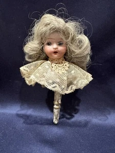 Antique German Bisque Head Marotte Doll Puppet Wooden Turned Handle - Picture 1 of 10