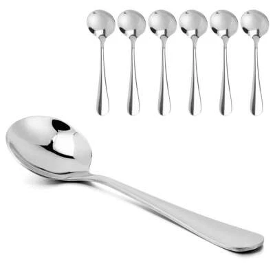 6Pcs Soup Spoons Round Stainless Steel Bouillon Rice Flatware Table Dinner Cook - Image 1 of 4