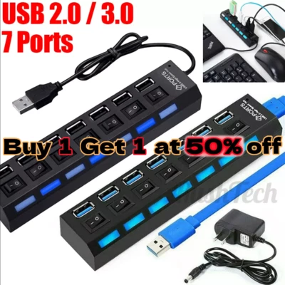 7 Port USB 2.0 / 3.0 Hub High Speed Splitter Adapter For PC Laptop Mac Desktop - Image 1 of 4