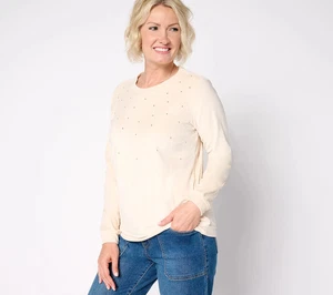 AnyBody Rundhals Nieten Velour Strick Pullover-Perle-Small-NEU-A669437 - Bild 1 von 1