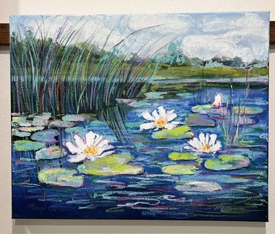 Оригинальная картина смешанных материалов лилия пруд водяные лилии лотос канвы настенное искусство  - Изображение 1 из 4