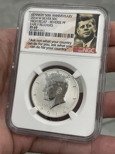 Medio dólar Kennedy High Relief 2014-W plata 50C NGC REVERSO PF 69, 50 aniversario - Imagen 1 de 2
