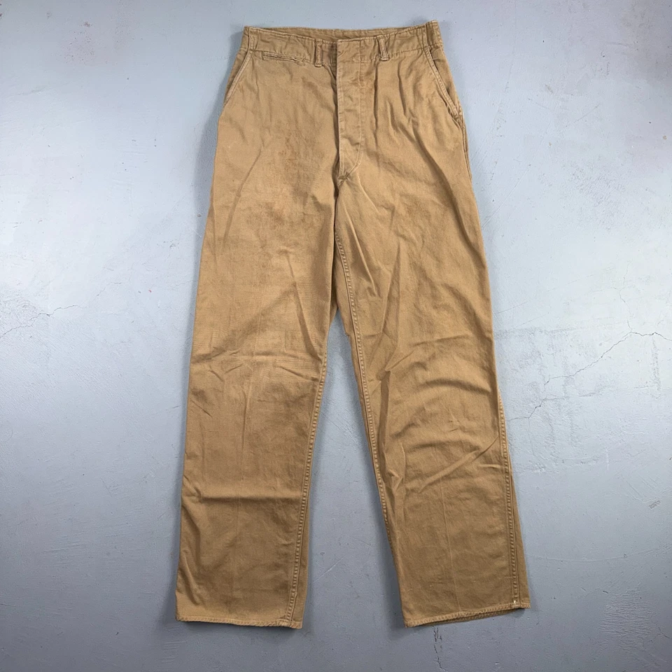 VTG 40s WWII Button Fly Cotton Military Trousers Chino Khaki Distressed 28x31 - Image 1 of 4