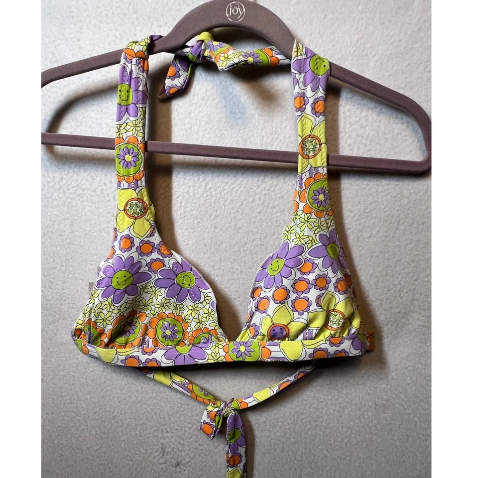 Pan Dulce Swimwear C Cup Halter Top Bikini Colorful Floral Smiley Face Pattern - Image 1 of 4