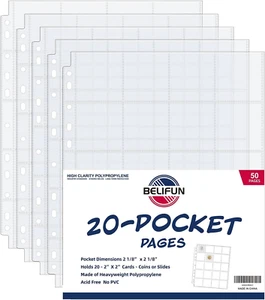 50Ct 20-Pocket Coin Pages - Coin Pocket Pages for 2 X 2 Inch Cardboard Coin Hold - Picture 1 of 12