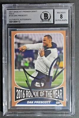 Dak Prescott Signed Autographed ROOKIE 2017 Sage Hit Premier Draft Gold 135 BAS  - Image 1 of 4