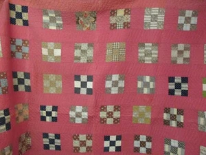 Antique 1880's Quilt 9 Patch Cinnamon pink Mourning Shirt prints Indigos Browns - Picture 1 of 17