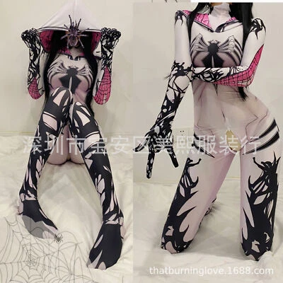 Spider-Gwen Stacy Jumpsuit Women Bodysuit Cosplay Costume Open Crotch Halloween - Image 1 of 4