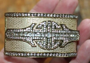 HSN Heidi Daus KHAKI "Art and Deco" Crystal & Enamel Hinged Cuff Bracelet S/M - Picture 1 of 13
