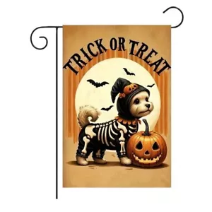 Halloween Garden Flag Trick or Treat Dog Skeleton Pumpkin Fall Decor - Picture 1 of 2