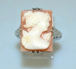 ANTIQUE VICTORIAN 14K WHITE GOLD RECTANGULAR SHELL CAMEO FILIGREE RING SIZE 5.75 - Picture 1 of 4