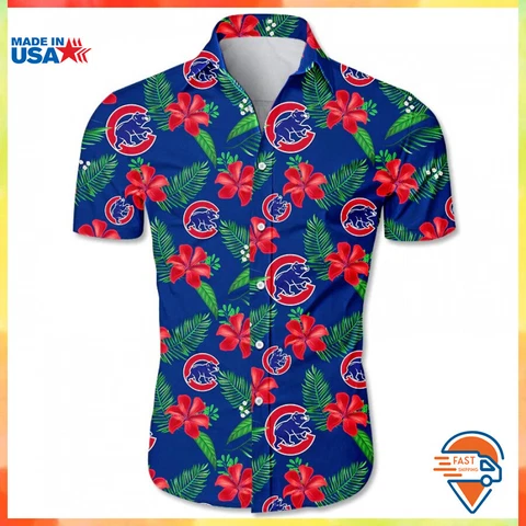 Chicago Cubs Hawaiian Tropical Flower Casual Short Sleeve Button Shirt S-5XL Cover