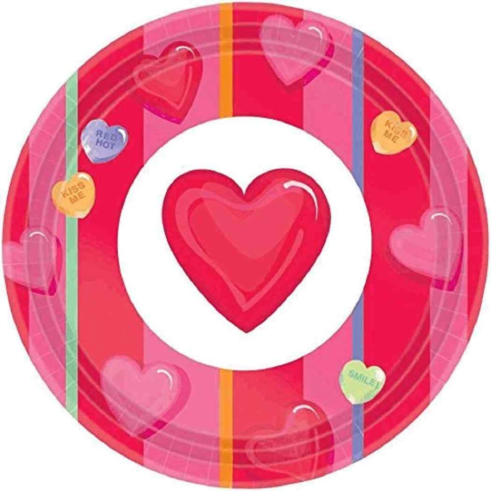 Candy Hearts Red Pink Valentine's Day Holiday Party 7" Paper Dessert Plates - Image 1 of 1
