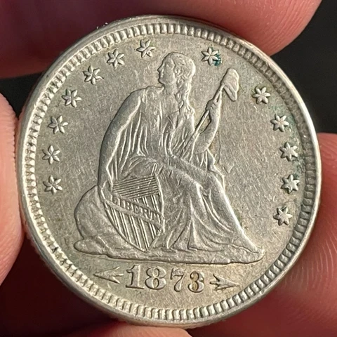 1873 25c Seated Liberty Quarter Arrows Type Almost Uncirculated AU Cover