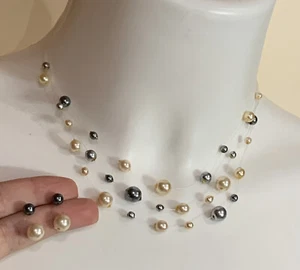 *14k Floating Illusion Three Strand Pearl 15.5” Choker Necklace And Earrings Set - Picture 1 of 4