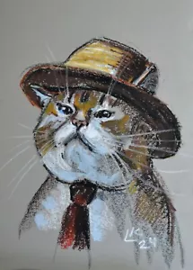 Gentleman Katze mit Hut - 12x8 Original Pastellzeichnung, skurril & würdig - Bild 1 von 6