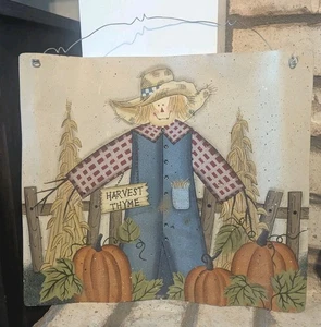 Schiefer Herbst Halloween Erntedank Kunst hängende Dose Vogelscheuche und Kürbisse - Bild 1 von 3
