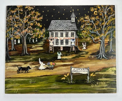 玛丽·巴里克 原始绘画 阿拉巴马天使教堂 回家 8 x 10 英寸 民间艺术 — 第 1/4 张图片