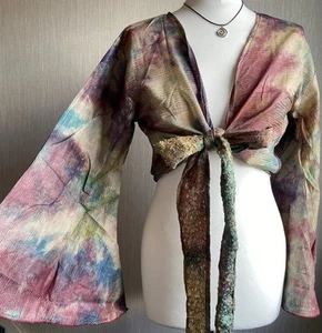Hand Made Silk Tie Dye bell sleeve wrap crop top Festival Retro Vtg Boho Hippy - Picture 1 of 3
