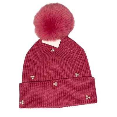 NWT LAUREN CONRAD Beaded Pom Pom Beanie Winter Hat Pink Rib Knit - Image 1 of 4