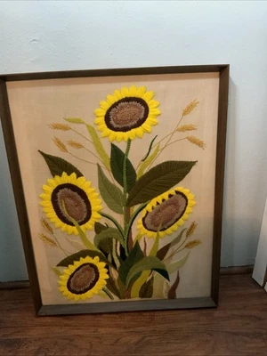 Vintage HUGE Boho Sunflowers Completed Crewel Embroidery Framed Picture 24x30” - Image 1 of 4