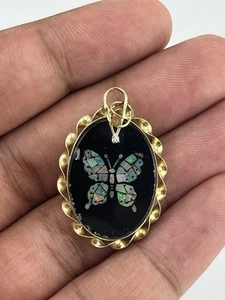 Gorgeous Vintage Yellow 14k Gold Onyx And Opal Mosaic Butterfly Pendant Inlayed - Picture 1 of 7