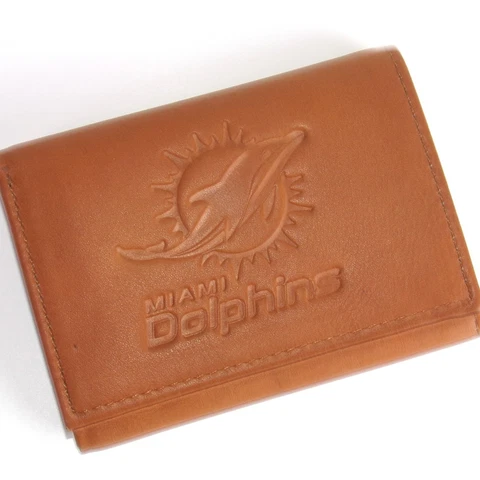 Miami Dolphin Bi Fold Wallet Brown Genuine Leather  NFL Football Multiple Slot Cover