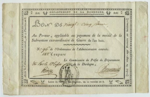 Révolution Bon au porteur 25 F subvention extraordinaire de guerre an 8 Dordogne - Imagen 1 de 1