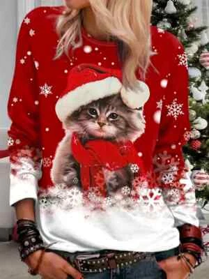 Camiseta Navidad Linda Estampado Gato Cuello Redondo, Top Informal Manga Larga Para Primavera Foto 1 de 4