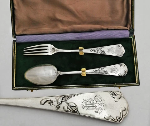 French Sterling Silver 2pc Flatware Set - Spoon and Fork Set - Art Nouveau decor Cover