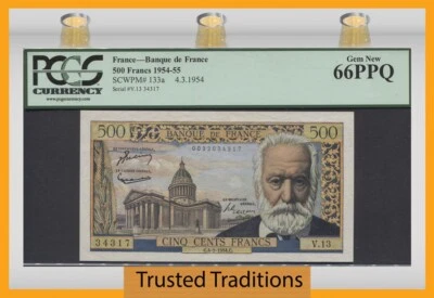 TT PK 133a 1954-55 FRANCE 500 FRANCS VICTOR HUGO PCGS 66 PPQ GEM NEW NONE FINER - Image 1 of 2