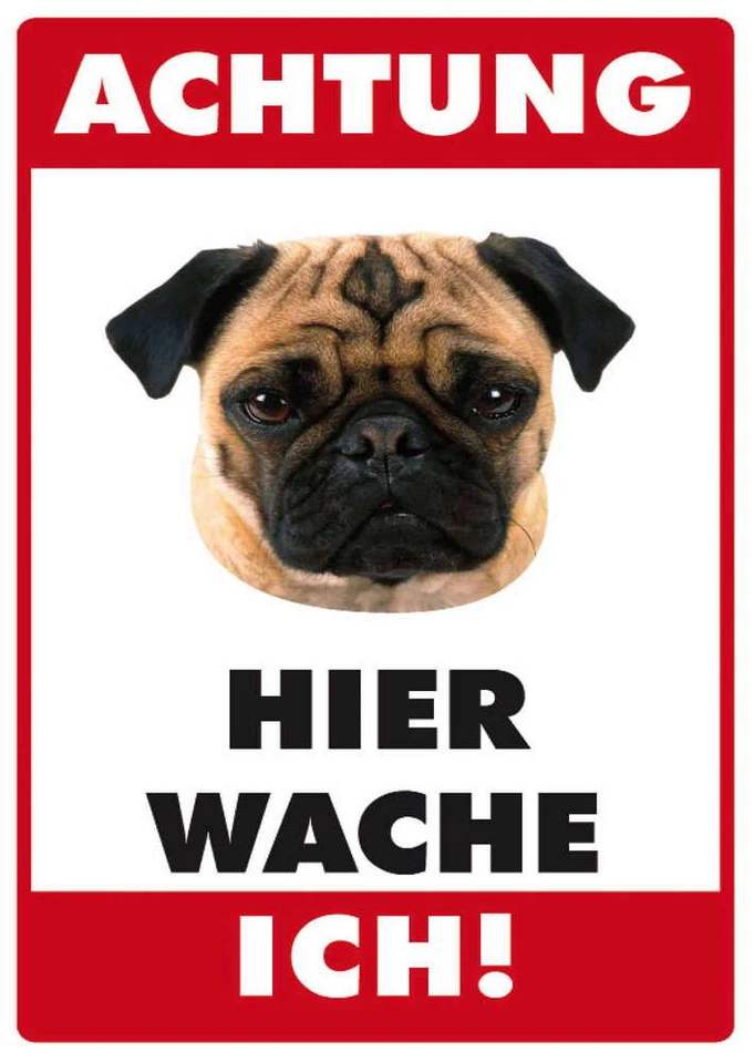 Blechpostkarte Hier wache ich - Mops, 11 x 15 cm - Bild 1 von 1