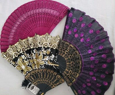 3  Vtg Hand Held Folding Fans Props Dance Costume Party Lace Sequins Floral Gold - Image 1 of 4