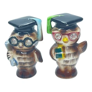 Vintage Salt Pepper Shakers Owls Graduation Japan Lefton Jewel Eyes Small Chip - Picture 1 of 16
