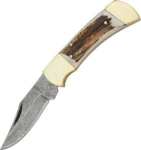 Damascus Lockback Pocket Knife Brown & White Stag Folding Clip Point Blade 1019 - Picture 1 of 1