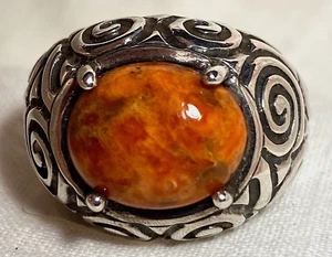 Neu mit Etikett Retro Vintage Sterlingsilber tiefer Wirbel-Design Kuppelkoralle Cabochon Ring S 7 - Bild 1 von 20